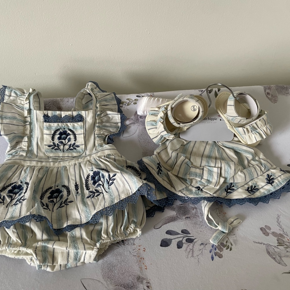 Haute hippie blue and cream outfit. Sun hat and shoes included. NWT.